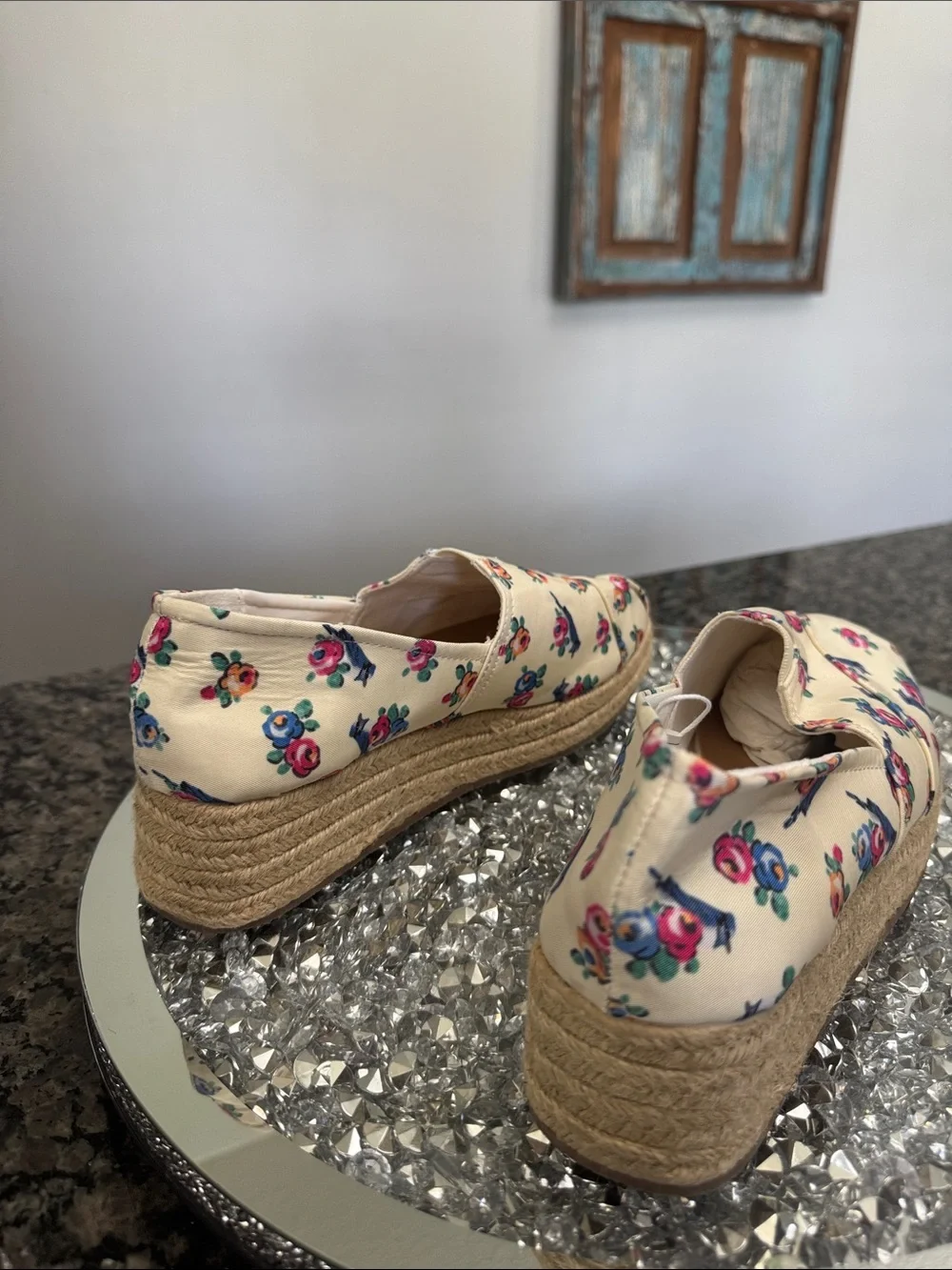 American Eagle Outfitters Cream Floral Espadrille Wedge Slip-On